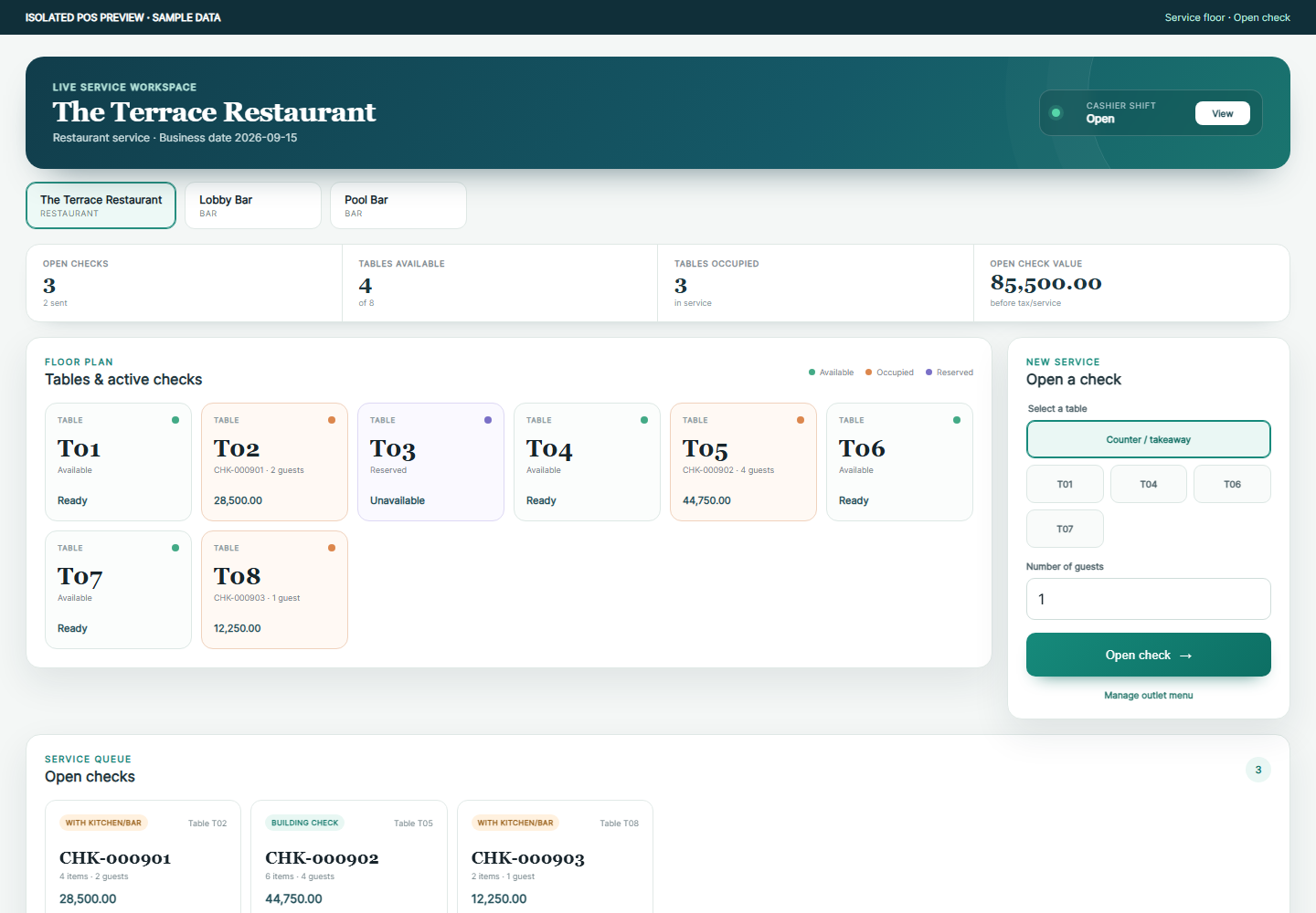 Restaurant POS project screenshot with table availability and active checks using sample data